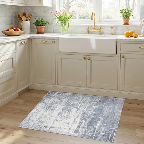 Washable 2x3 Entryway Area Rug: Modern Abstract Neutral Kitchen Rug Vintage Soft Floor Mat for Stove & Sink Area Non-Slip Indoor Farmhouse Carpet for Bathroom Bedroom Boho Beside Rug(2x3,Blue/Ivory) - Image 6