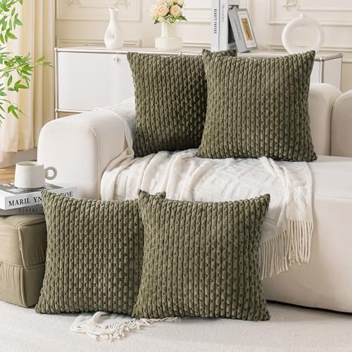 Set of 4 Olive Green Decorative Throw Pillow Covers 18x18 Inch Corduroy Pillow Covers for Bed Couch Sofa Living Room Soft Square Cushion Cases by Cozoomy