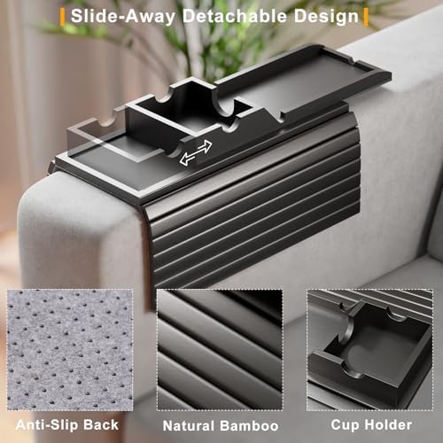 Bestjing Bamboo Couch Armrest Table with Cup Holder Tray (Black) - Image 2