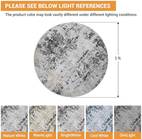 Round Rug 5ft Washable Rug for Dining Room Living Room Black Grey Gold - Image 2
