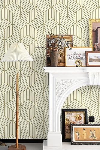 CiCiwind Gold Geometric Wallpaper Peel and Stick Wallpaper Beige and Gold Removable Wall Paper Striped Hexagon Contact Paper Self Adhesive Waterproof Vinyl for Bedroom Bathroom Wall 15.7"x393" - Image 3