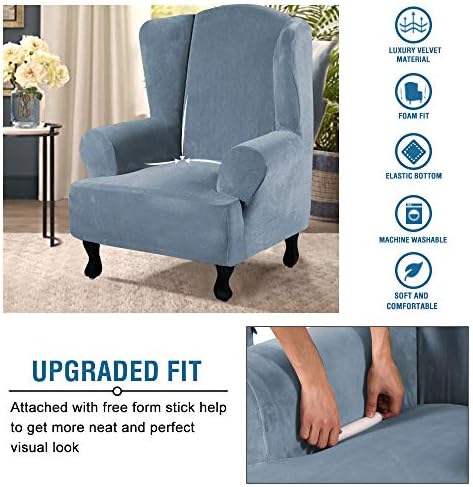 H.VERSAILTEX Wingback Chair Covers Velvet Plush Wing Chair Slipcover 1 Piece High Stretch Wing Back Chair Slipcovers Sofa Cover Furniture Cover with Elastic Bottom, Stone Blue - Image 4