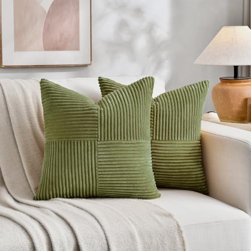 Fancy Homi 2 Packs Moss Green Samll Decorative Throw Pillow Covers 12x12 Inch with for Couch Bed Sofa, Rustic Farmhouse Boho Home Decor, Soft Corss Patchwork Corduroy Square Cushion Case 30x30 cm - Image 5