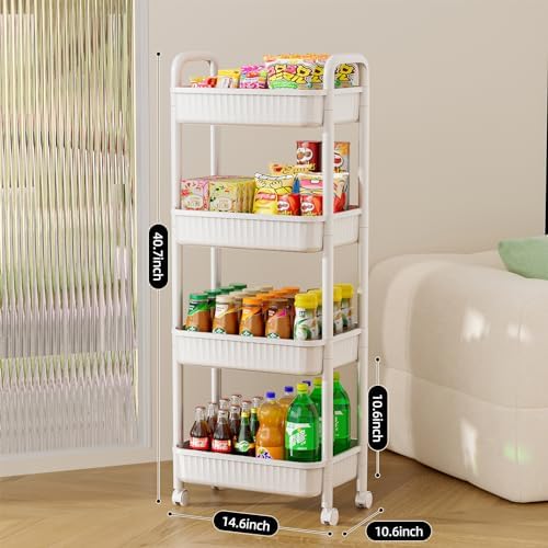 JOYZAN 4 Tier Rolling Carts with Wheels, Utility Cart with Handle and Locking Caster, Storage Cart for Kitchen, Office, Bedroom, Suitable for Diaper, Art Tools, Snack, Craft Storage Cabinet, White - Image 3
