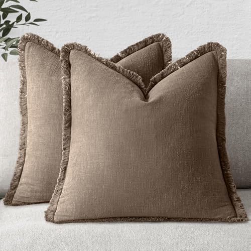MIULEE Linen Fringe Decorative Fall Throw Pillow Covers Cocoa Brown 16x16 by MIULEE
