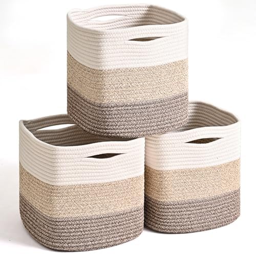 ICERZCZ 13 Inch Cube Closet Storage Bins, Woven Cotton Rope Organizer Baskets for Organizing & Shelves, Books, Towels, Clothes, Toys, 13x13x13 in, Gradient Brown (Pack of 3) by ICERZCZ