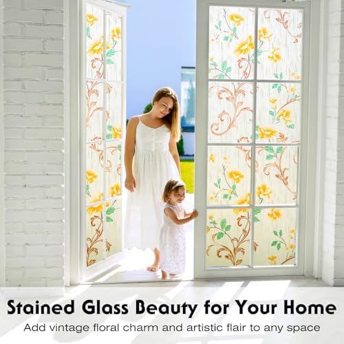 Volcanics Stained Glass Window Film, Frosted Glass Window Privacy Film, Decorative Window Clings, Floral Design Static Cling Sun Blocking Tint for Bathroom, 17.5 x 78.7 Inch - Image 3