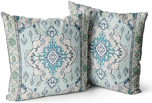 Snycler Boho Throw Pillow Covers 20x20 inch Set of 2 Teal Blue Boho Rug Carpet Double Sided Pattern Cotton Soft Pillow Case Cushion Cover Pillowcase for Couch Sofa Bed Decorative by Snycler
