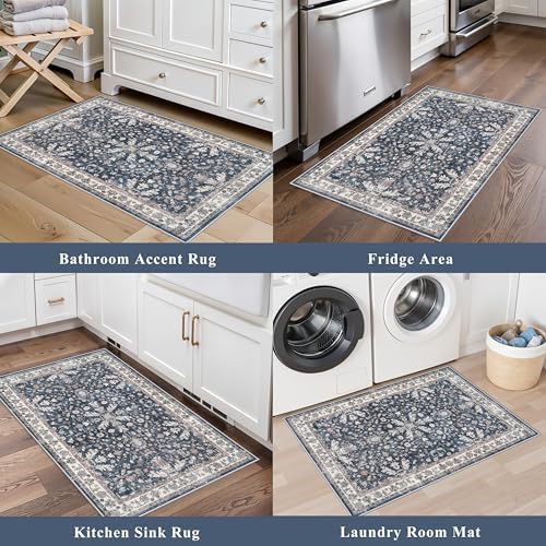 2x3 Non-Slip Washable Kitchen Rug - Boho Soft Small Area Rug for Sink, Entryway, Pet Area & Bathroom - Low Pile Thin Indoor Door Mat (Blue,2x3) - Image 3