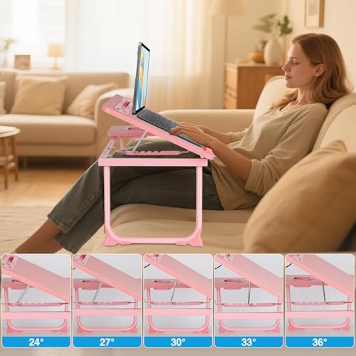 Laptop Bed Desk, Adjustable Lap Desk, Small Laptop Table with USB Charge Port, Desktop Card &Pen Slot, Cup Holder, Foldable Bed Tray Table for Couch Sofa Chair Floor Eating Working - Image 4