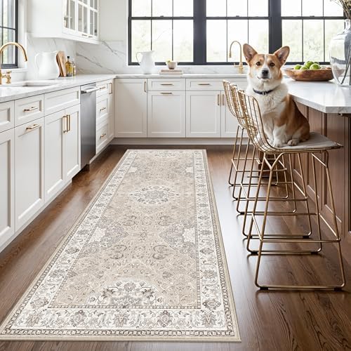 Washable 3x8 Kitchen Runner Rug: Indoor Oriental Hallway Carpet Low-Pile Stain Resistant Entryway Bathroom Area Rug Non Slip Vintage Soft Floor Mat for Living Room Bedroom Boho Home Decor(3x8,Beige) by HYHAOYUNLAI