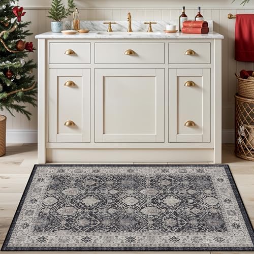 Washable 3x4 Entryway Area Rugs: Ultra Soft Low Pile Carpet for Kitchen Nursery Indoor Light-Weight Doormat Anti-Slip Thin Entry Rug for Living Room Bedroom Small Vintage Floor Mat(3x4,Black) - Image 4