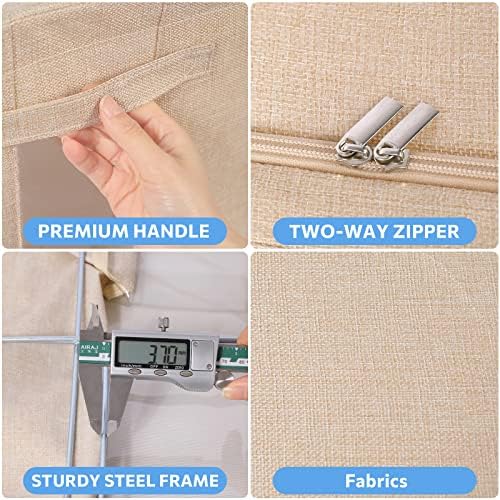 CYhom Clothes Storage Bins Box - Linen Fabric Foldable Stackable Container Organizer Set with Clear Window & Carry Handles & Metal Frame - 2Pack Large Capacity for Bedding, Blankets, Books - Image 4