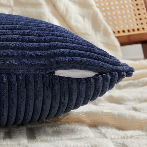 Fancy Homi 2 Packs Navy Blue Lumbar Decorative Throw Pillow Covers 16x32 Inch for Living Room Couch, Rustic Farmhouse Boho Home Decor, Soft Striped Corduroy Rectangle Accent Cushion Case 40x80 cm - Image 3