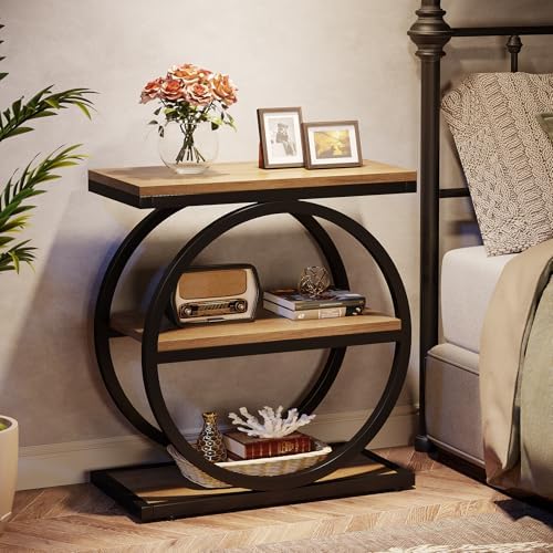 Tribesigns Side End Table with 3 Storage Shelves, Industrial Sofa Table with Round Metal Frame for Living Room, Engineered Wood Nightstand for Bedroom, Oak - Image 4