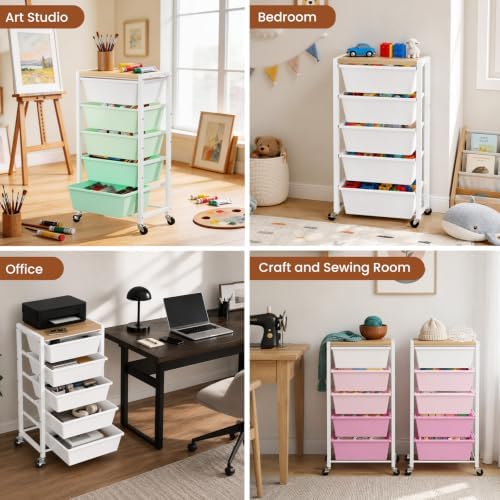 Rolling Cart with 5 Drawers, Plastic Drawer Storage Carts with Wheels & Wooden Tabletop, Metal Utility Cart for Office Bedroom Living Room Classroom, Craft Organization and Storage, White - Image 6
