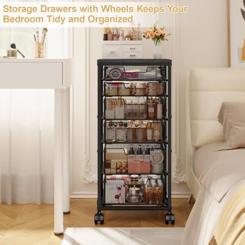 Sbanmao 6 Drawers Rolling Utility Cart, Rolling Storage Cart with Wooden Tabletop, Storage Drawer Cart on Lockable Wheels, Craft Cart for Bedroom, Classroom, Office, Black - Image 3