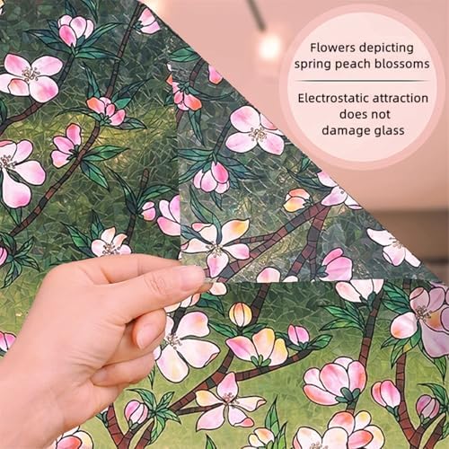 Retro Flowers Window Privacy Film, Magnolia Stained Glass Decorative Window Film for Glass, Rainbow Stained Window Cling Sticker Floral Removable Static Cling for Window (1, Peach Flower, 17x118.1in) - Image 3