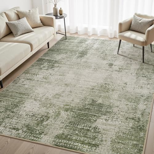 4x6 Area Rugs for Living Room Non Slip Machine Washable Rug Distressed Abstract Soft Indoor Carpet Neutral Boho Rug for Bedroom Dining Room Playroom Office, Green by Tchdio