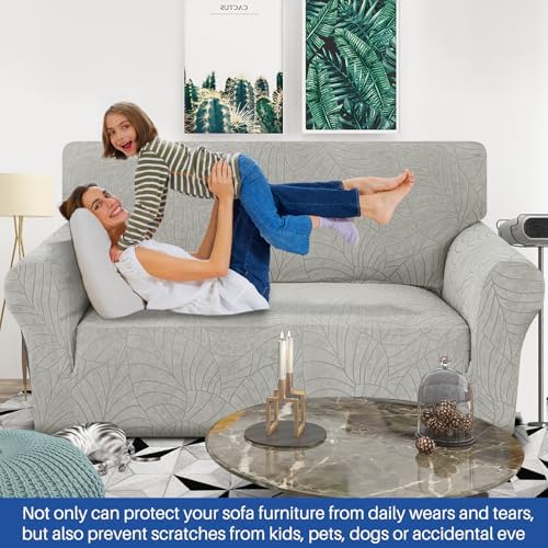 YEMYHOM Couch Cover Latest Jacquard Design High Stretch Sofa Covers for 2 Cushion Couch, Pet Dog Cat Proof Loveseat Slipcover Non Slip Elastic Furniture Protector (Medium, Begonia Leaf Light Grey) - Image 2