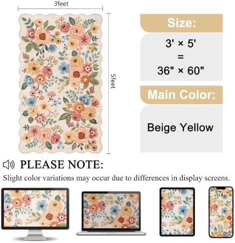 DUKINO 3x5 Area Rugs, Non Slip Floral Washable Rug for Bedroom Beige Yellow - Image 2