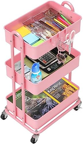 Simple Houseware 3-Tier Heavy Duty Metal Utility Rolling Cart, Pink - Image 3