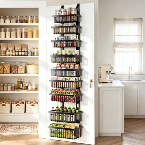 POKIPO 9 Tier Narrow Over The Door Pantry Organizer, 2 in 1 Wall Mount or Hanging Spice Rack with Adjustable Deep Basket, Heavy-Duty Seasoning Organizer and Storage for Kitchen Closet Bathroom by POKIPO