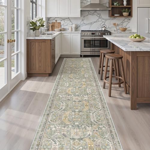 Madane Washable Runner Rugs 2x12 Long for Hallway Kitchen Soft, Green/Gold - Image 2