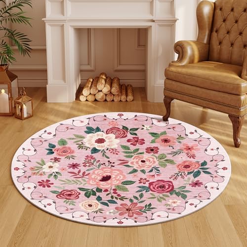 DUKINO 4ft Round Rug, Floral Washable Small Round Area Rug Non Slip, Pink - Image 6