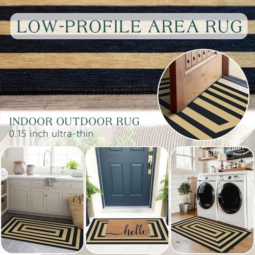 Front Door Mat Indoor Entrance - 2x4.3 Modern Black Tan Striped Rug - Image 5