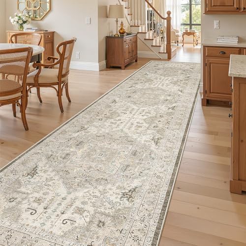 Madane Hallway Runner Rug 3x12 Washable Kitchen Runners 12ft, Ivory/Brown by Madane