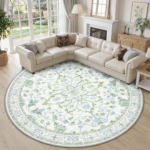 RELEANY Washable Area Rug, Round 10ft, Green/White/Blue by RELEANY