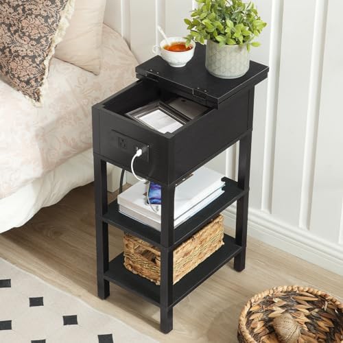 HOOBRO End Table with Charging Station, Flip Top Side Table with USB Ports, Narrow Nightstand Bedside Tables with Storage Shelves, for Small Space, Living Room, Black BK141UBZ01 - Image 2