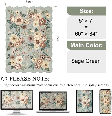 DUKINO 5x7 Area Rugs for Bedroom, Floral Washable Rug Non Slip, Sage Green - Image 2