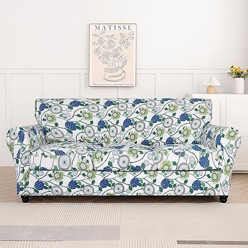 SearchI Stretch Sofa Cover Printed Couch Cover, Floral Pattern 4 Pieces Sofa Slipcover with 3 Separate Cushion Cover, Washable Furniture Protector for Living Room(Sofa, Green Flowers) - Image 5