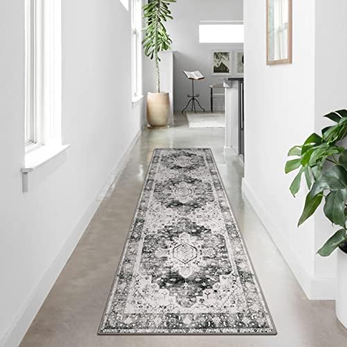 Moynesa Ultra-Thin Washable Runner Rug - 2'6" x 10' Grey Long Hallway Rug Runner Kitchen Carpet Runner 10ft, Vintage Non Slip Low Pile Stair Floor Mat for Bathroom Bedroom Living Room Entryway by Moynesa