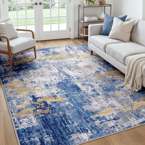 RELEANY Washable Square 7'x7' Area Rug for Living Room Blue Gold by RELEANY