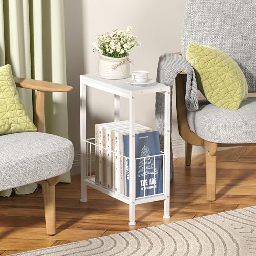Narrow Side Table, Skinny End Tables with Magazine Holder, Small Sofa Table for Small Spaces, Space-Saving Design, Slim Nightstand Bedside Table for Living Room, Bedroom, Office, White - Image 2