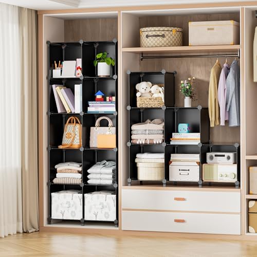 Neprock 16 Cubby Storage Organizer, Closet Clothes Storage Organizer, Cube Shelves Closet Organizers and Storage Shelves for Clothing Storage with Hammer, Bookshelf for Kids（Black） - Image 4