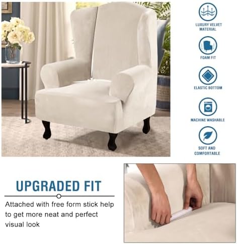 H.VERSAILTEX Wingback Chair Covers Polyester Spandex Plush Wing Chair Slipcover 1 Piece High Stretch Wing Back Chair Slipcovers Sofa Cover Furniture Cover with Elastic Bottom, Cream - Image 4