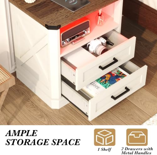 Yusong 23.62" Tall Night Stand, LED Nightstand with Charging Station, Modern Night Stand, Wood Sofa Couch End Side Table with 2 Pull-Out Shelf, White - Image 5