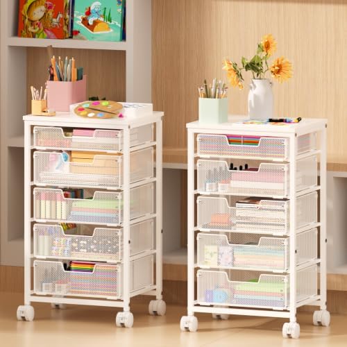 Sbanmao Utility Cart with 5 Drawers, Rolling Storage Cart with Wooden Tabletop and Lockable Wheels, Storage Drawer Cart with Drawers, Craft Cart for Bedroom, Classroom, Home, Office, White by shengbaomaoyi