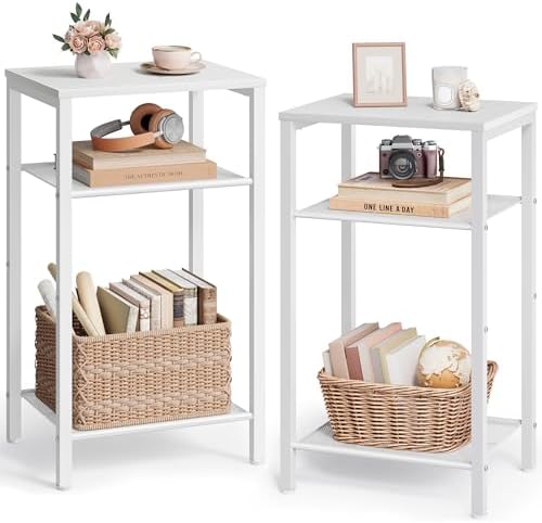 Hoctieon 2-Set 3 Tier End Table, Telephone Table Set of 2, Tall Side Table with Storage Set of 2, Small Nightstand for Small Spaces, Metal Frame, White by Hoctieon