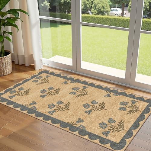 Front Door Mat Indoor Entrance - 2x4.3 Jute-Look Blue Floral Rug by Othilic