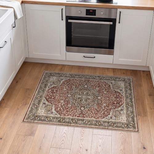 2x3 Washable Entryway Area Rug - Non-Slip Vintage Throw Rugs Red Brown - Image 3