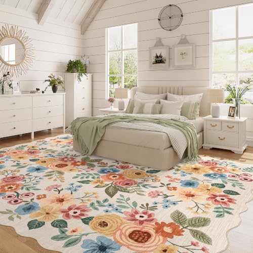 DUKINO 8x10 Area Rug for Living Room, Soft Floral Washable Rug Beige Yellow - Image 5