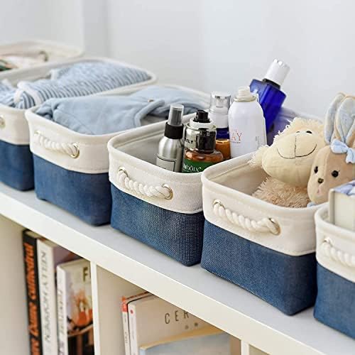 TheWarmHome Storage Basket for Organizing - Small 12x8x5.2 inch 6 Pack Collapsible Storage Bin for Shelves, Canves Storage Cubes for Organizer Cloth Box Gift Toys Closet (White & Jean Blue) - Image 5