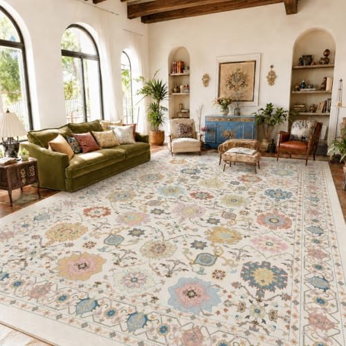 AMADA HOMEFURNISHING 9x12 Area Rug for Living Room, Vintage Washable Area Rug Low-Pile & Non-Slip Carpet for Bedroom Dining Room Nursery Home Office, Beige/Multi by AMADAHOMEFURNISHING