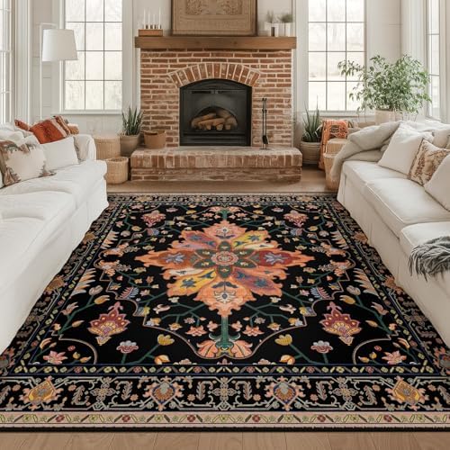 RELEANY Washable Area Rug, Square 8'x8', Black/Colorful by RELEANY