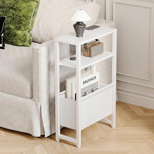 Narrow Side Table, Slim End Table with Magazine Rack, Skinny Bedside Table for Small Spaces, 3 Tier Sofa Couch Table Nightstand for Living Room, Bedroom, White LET503W - Image 2